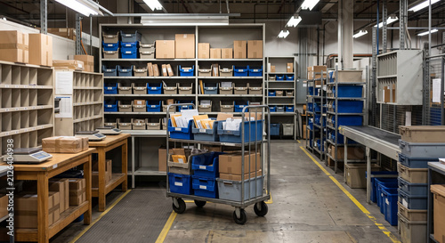 Large postal sorting center with cubby shelves, blue bins, worktables and wheeled mail cart under industrial lighting with no people visible