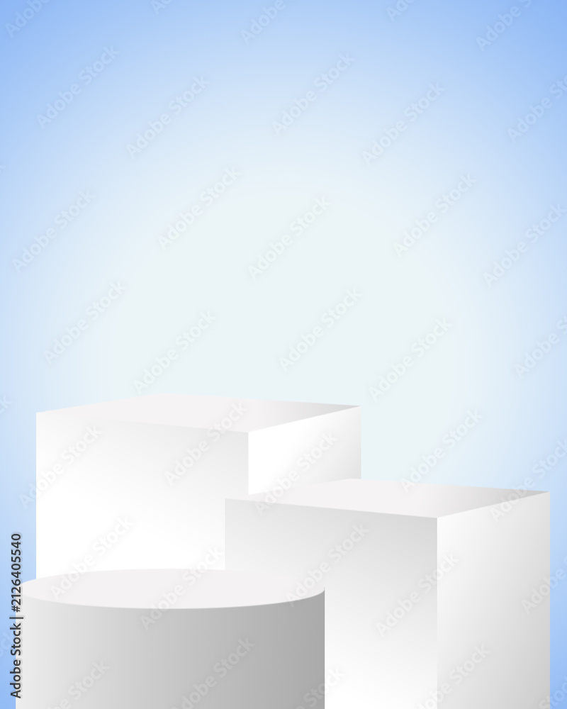 Fototapeta premium Minimal White Podium Mockup with Geometric Pedestals on Blue Gradient Background