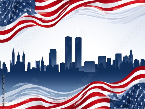 American flag with new york city skyline silhouette