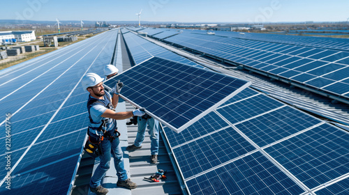 Solar technician installing rooftop photovoltaic panel array large commercial roof clear sky, confident teamwork and renewable energy focus