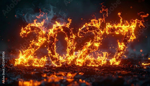 A powerful visual of the year 2027 set on fire with bright yellow and orange flames thick smoke and flying embers on a dark floor. Perfect for hot trend promotions or fiery cinematic teasers.