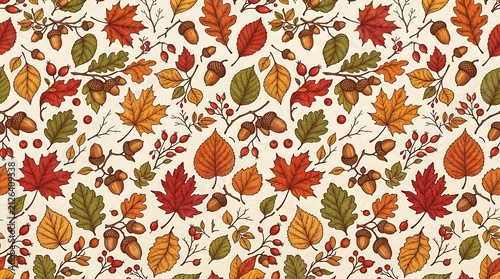 Autumn leaf pattern with acorns and berries