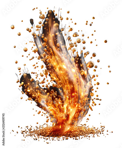 Explosion of Flavor: An abstract representation of a dynamic explosion, featuring swirling shades of orange and brown, with countless tiny golden spheres bursting outwards.