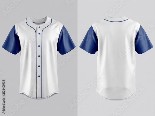 Blank white and blue baseball jersey mockup template, front and back views
