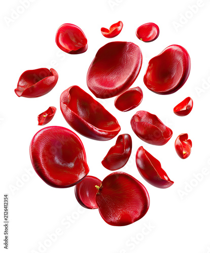 Red Blood Cells Group: A detailed illustration showcases a cluster of red blood cells, highlighted by their distinctive biconcave shape and vibrant crimson hue, floating in a conceptual space.