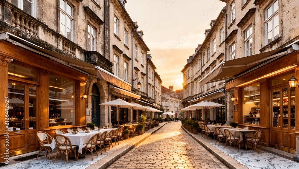 Fototapeta premium Charming European old town street with historic architecture and cafés