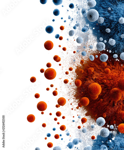 Abstract Microscopic View: A dynamic abstract composition featuring a vibrant collision of microscopic particles, with orange and blue spheres suspended against a stark white background.