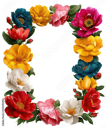 Colorful Floral Border: A vibrant rectangular border crafted from a delightful arrangement of blooming flowers in various vivid colors, forming a decorative frame.