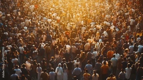 Crowd of people gathers in a large open space under warm golden sunlight for a public event.
