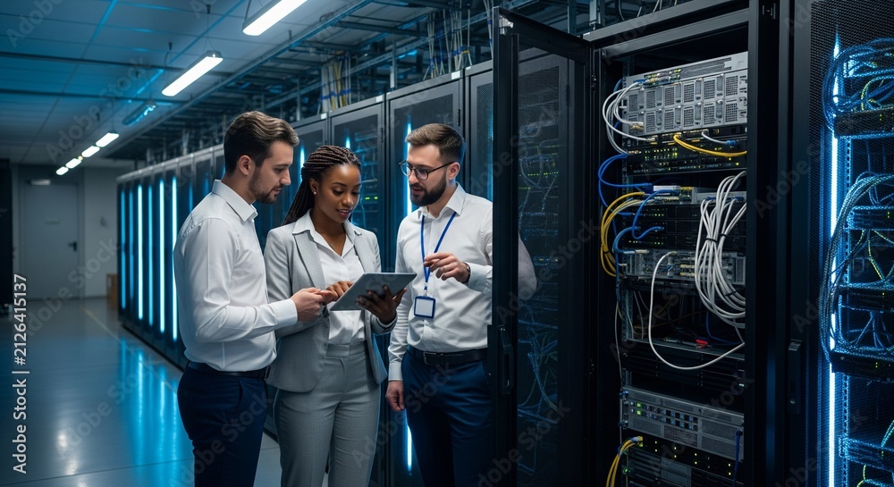 Fototapeta premium Diverse team of IT professionals collaborating and reviewing data on a tablet in a modern server