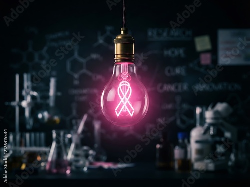 Glowing pink ribbon inside light bulb illuminates dark laboratory backdrop, symbolizing breast cancer awareness and scientific research.