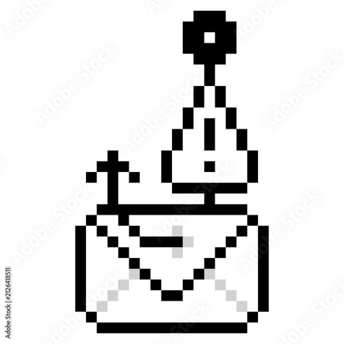Pixel Art Phishing Email Hook Icon, Black and White Cyber Warning Symbol