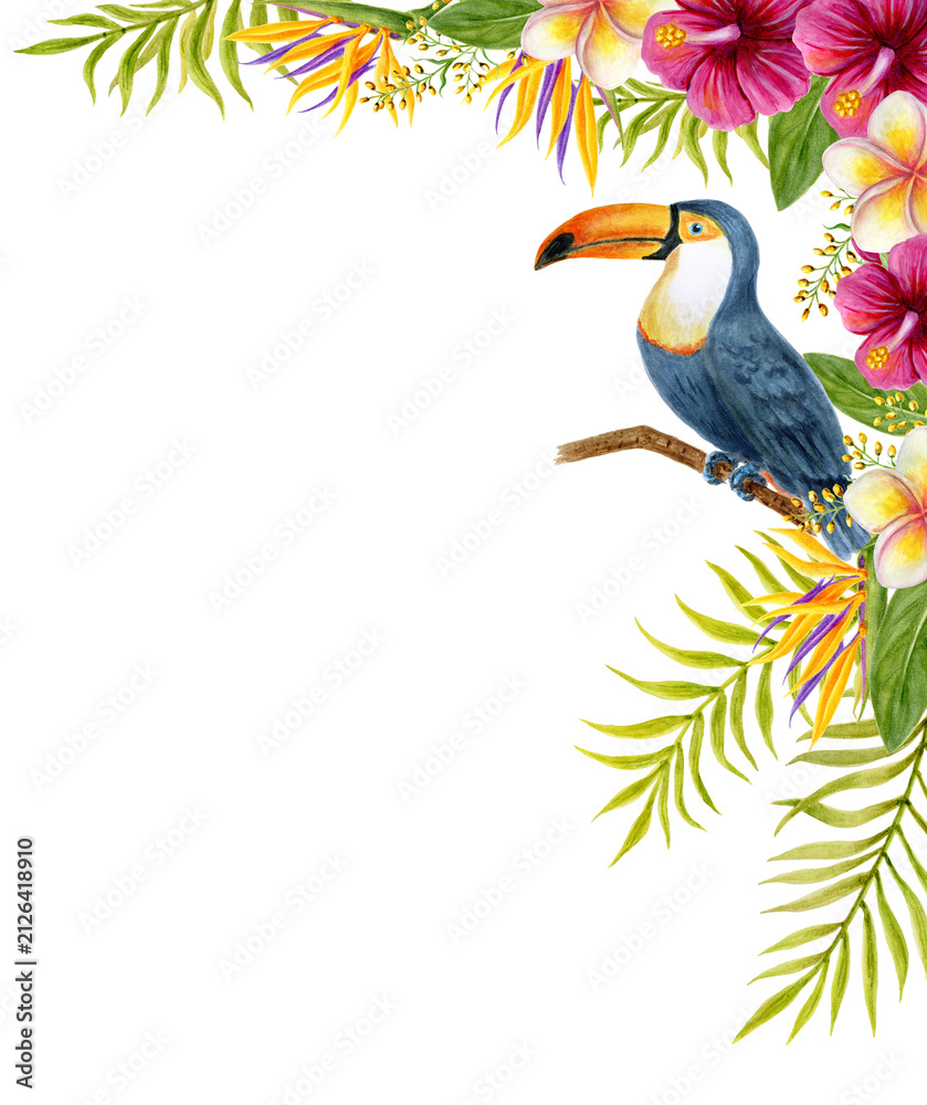 Obraz premium Tropical flowers corner frame with toucan. Watercolor painting with Hibiscus flowers and palm leaves.
