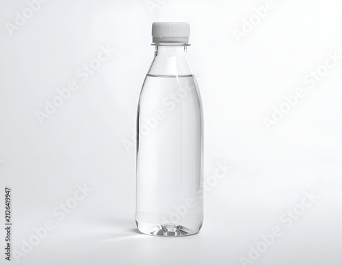 Clear plastic bottle filled with water on white background.