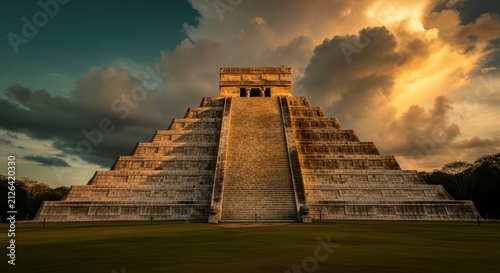 Majestic Chichen Itza Pyramid at Sunset, Ancient Mayan Temple El Castillo in Yucatan Mexico, UNESCO World Heritage Site