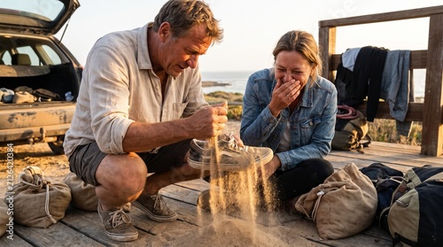 A Couple's Beach Discovery: A man and woman kneeling on a wooden platform by the sea, playfully sifting sand, surrounded by travel gear.