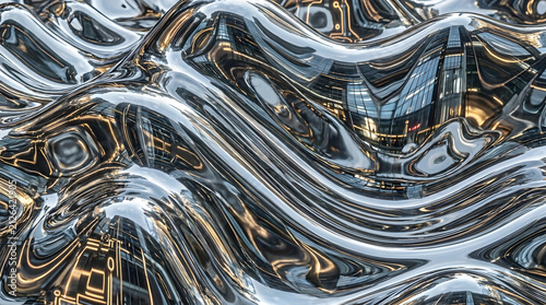 Abstract Distorted Metallic Wave Surface with Modern Reflected Glass Building Skyline and Golden Light