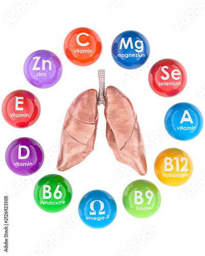 Lungs with vitamins and minerals essential for healthy lungs, transparent background.