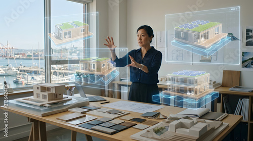 Architect Interacting with Holographic Building Blueprints in Brightly Lit Modern Design Studio