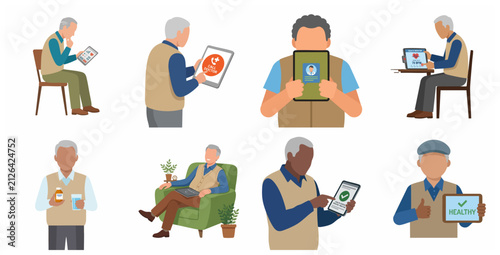 Senior Men Using Digital Tablets for Telemedicine, Healthcare Apps, and Remote Health Monitoring Illustration Set