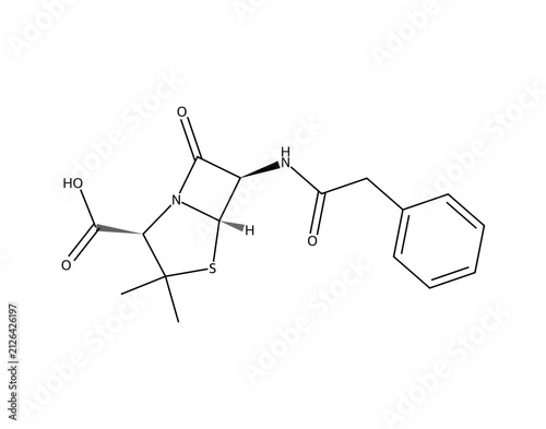Canvastavla Penicillin G (C16H18N2O4S), complex organic chemistry molecular structure, black