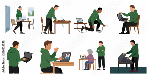 Collection of Flat Vector Illustrations of a Man in Green Hoodie Using a Laptop in Various Scenarios Like Remote Work, Video Calls, and Tech Support