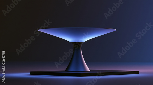 Glowing blue conical lamp stand on a dark rectangular base in a dimly lit minimalist environment