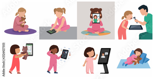 Telemedicine and Online Pediatric Healthcare Vector Illustration Set Featuring Children Using Digital Tablets and Smartphones for Medical Consultations