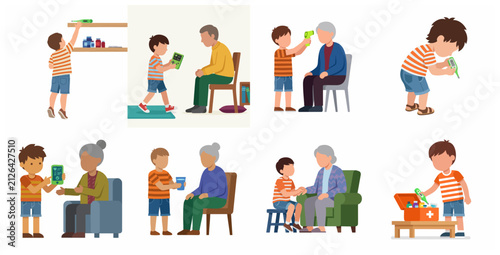 Flat vector illustration set of a young boy caring for elderly people, monitoring health, giving medicine, and providing first aid assistance at home.