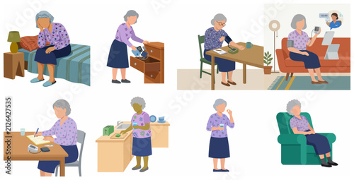 Senior Woman Health Management Illustration Set: Blood Pressure Monitoring, Telemedicine, and Medication Routine at Home