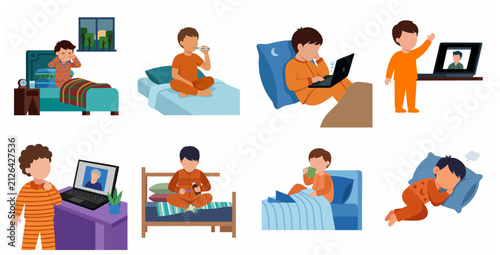 Vector set of a sick boy in pajamas experiencing fever, taking medicine, consulting a doctor online via laptop, and resting in bed