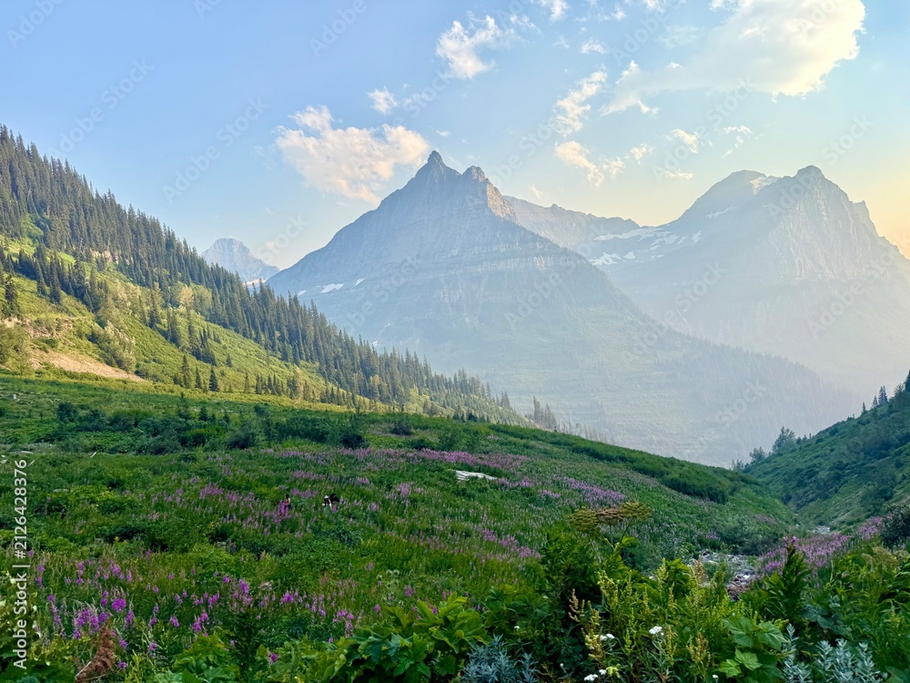 Fototapeta premium Scenic drive and sightseeing along Going-To-The-Sun Road at sunrise at Glacier National Park in Montana. Wildfire smoke causes dreamy, heavy haze. Stunning sunset silhouette of mountain and sky. 