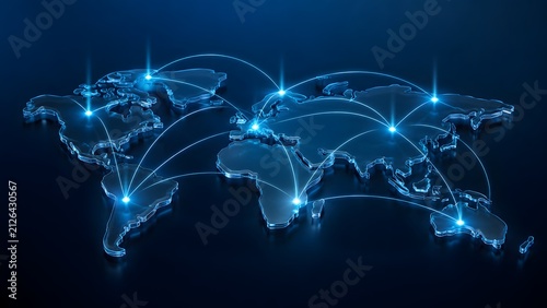 Translucent 3D glass world map on dark reflective surface with glowing connections illustrating global business and communication network.