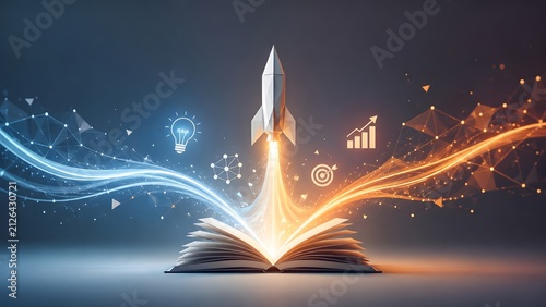 3D paper rocket launching from an open book with glowing energy trails and educational icons representing innovation and fast learning.
