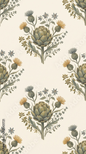 Vintage botanical seamless pattern featuring illustrated artichoke flowers and thistles in muted vintage colors