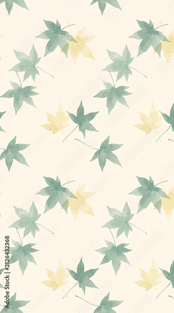 Fototapeta premium Seamless watercolor pattern with green and yellow maple leaves on a light background for autumn design