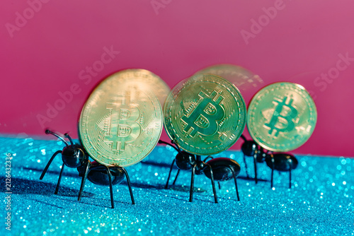 a row of ants advances with bitcoins, captured using shutter drag