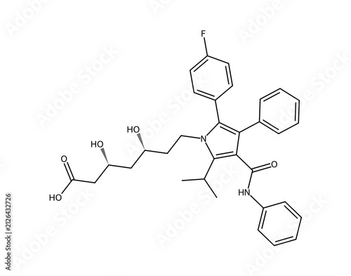 Atorvastatin (Lipitor) (C33H35FN2O5), complex organic chemistry molecular structure, black skeletal formula transparent
