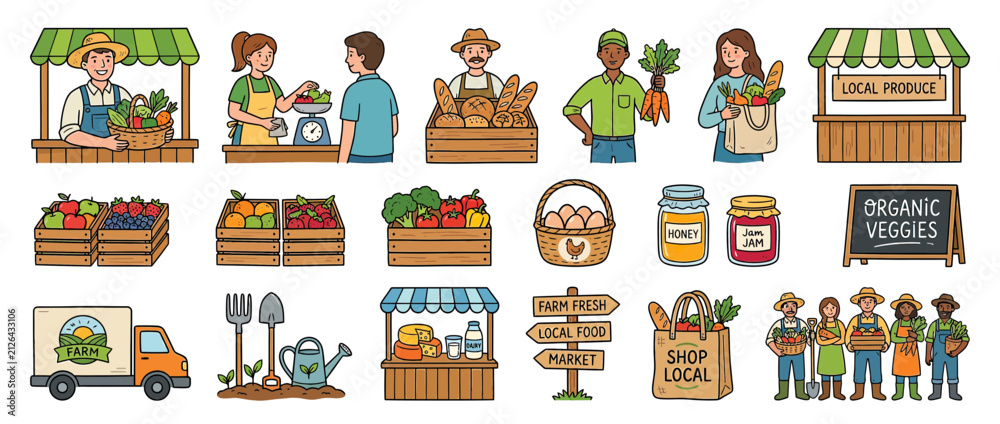 Naklejka premium Farmers Market Collection: Fresh Produce, Local Goods, and Community