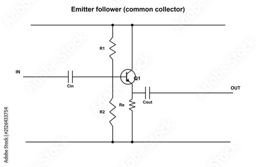 Foto Emitter Follower, electronic circuit schematic diagram, black line art transpare
