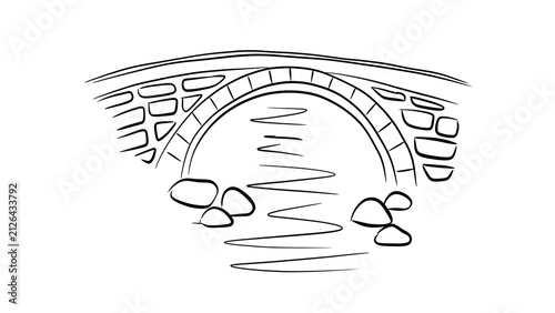 Bild auf Leinwand Minimalist black and white illustration of a hand-drawn stone arch bridge over a river with rocks, isolated on a transparent background