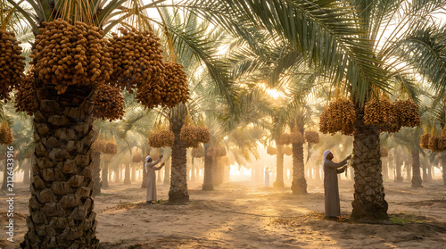Silhouette of date farmers harvesting golden fruit in a desert palm grove at sunrise