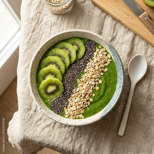 Top view flat lay of green smoothie bowl with kiwi chia seeds and oats

