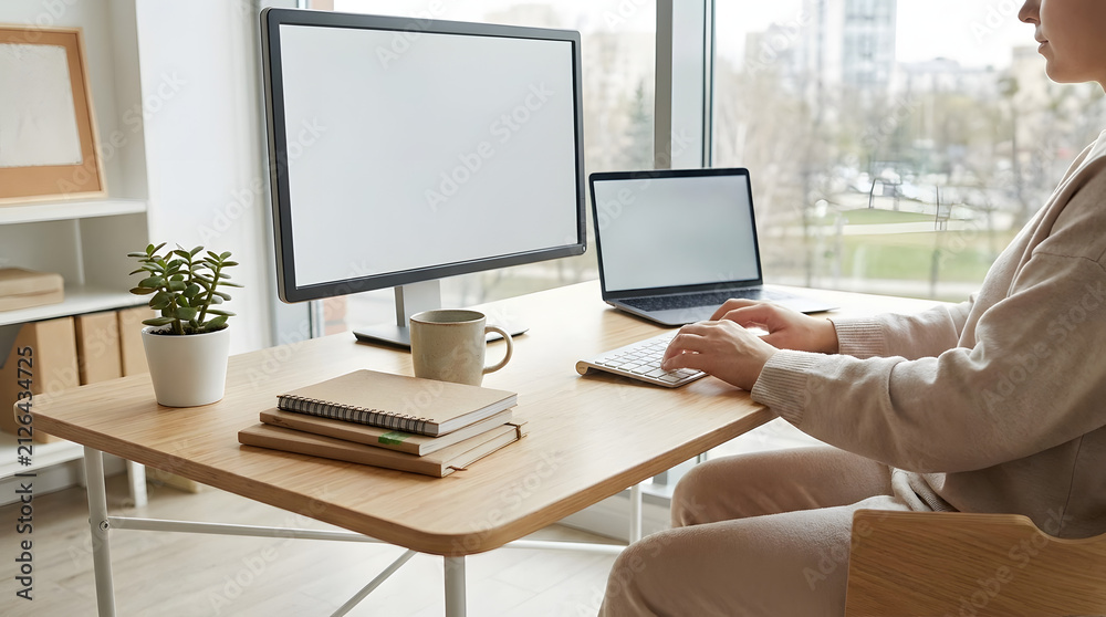Fototapeta premium Young Woman Working on Laptop and Monitor at Wooden Desk in Bright Home Office with Natural Light