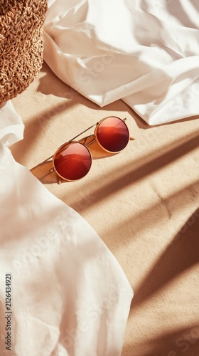 Beach-inspired flat-lay features woven bag, white fabric, and stylish sunglasses on warm sand. Natural shadows add relaxed, summery editorial flair.