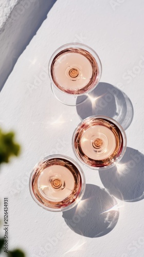 Three transparent wine glasses create delicate sparkle reflections on sunlit white stone. A minimal summer flat lay exudes southern European elegance and luxury.