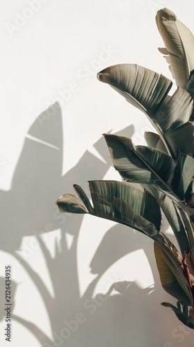Minimalist banana and palm leaves cast sharp shadows on a creamy white wall. Muted green foliage and Mediterranean sunlight create tranquil botanical artistry.
