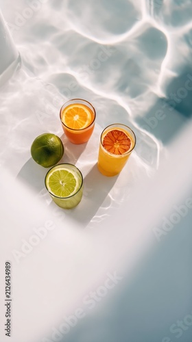 Refreshing citrus drinks and fruit atop a yacht swim platform with clear rippling water below. Minimal luxury, Mediterranean travel, and bright summer vibes shine through.