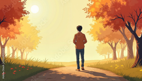 young person walking on a path in an autumn landscape surrounded by colorful trees and sunlight, concept introspection and tranquility