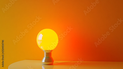 Bright light bulb glowing warmly against orange gradient background with yellow glow gradient emits warm yellow orange backdrop illumination incandescent illuminated with lightsource